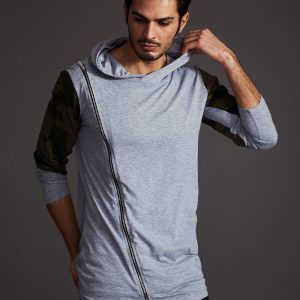 Wholesale Grey sweatshirt for men with asymmetrical zipper and camo inserts