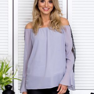 Wholesale Spanish blouse with decorative applique on the sleeves grey