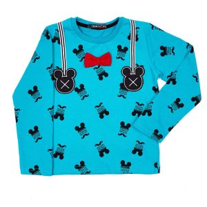 Wholesale Mickey Mouse Print Turquoise Cotton Kids Blouse