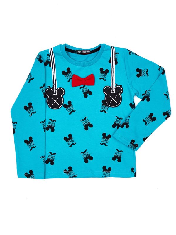 Wholesale Mickey Mouse Print Turquoise Cotton Kids Blouse