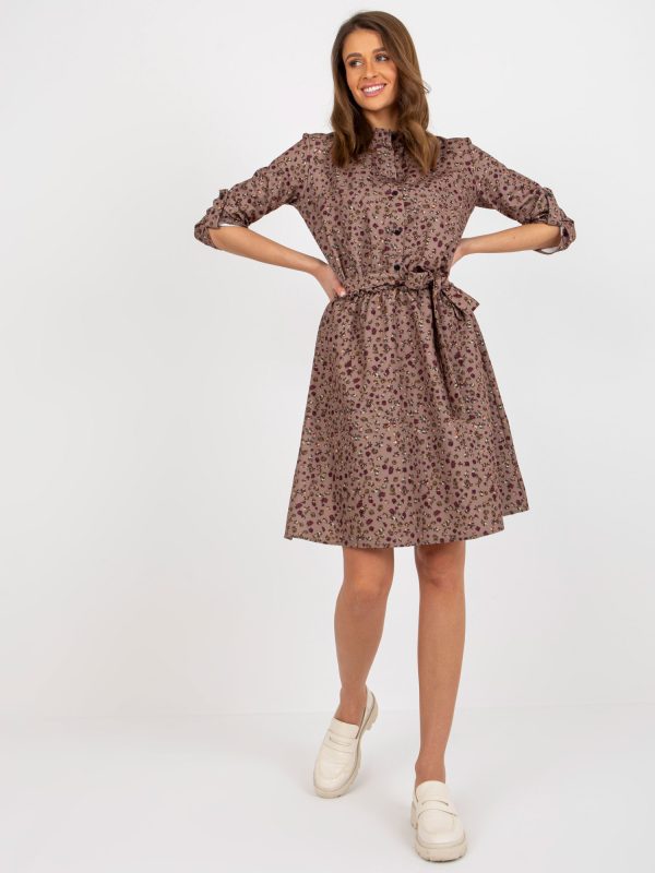 Wholesale Dark Beige Floral Shirt Dress with Meddis Belt