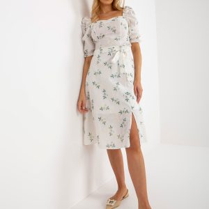 Wholesale White and green floral midi dress with embroidery and binding