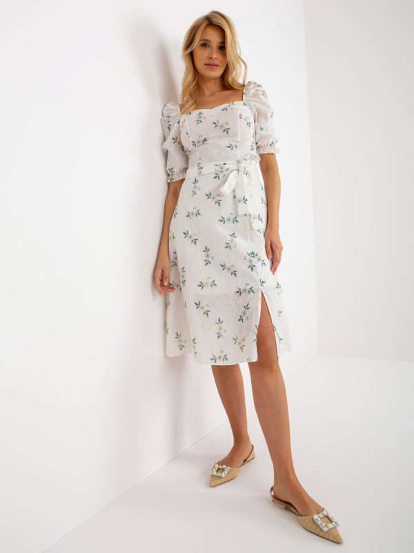 Wholesale White and green floral midi dress with embroidery and binding