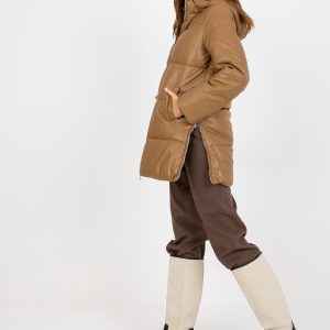 Wholesale Camel Eco-Leder-Winterjacke with abnehmbarer Capuze