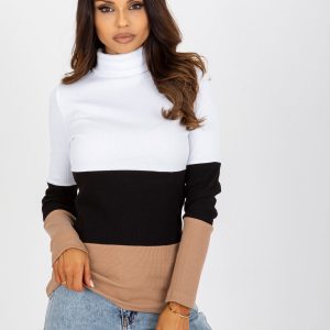 Wholesale Ecru-camel bare ribbed blouse basic with turtleneck