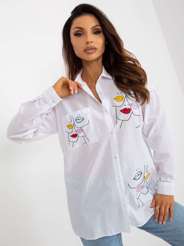 Wholesale White Women's Print Collar Shirt