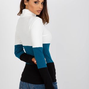 Wholesale Ecru-black women's basic blouse with turtleneck striped