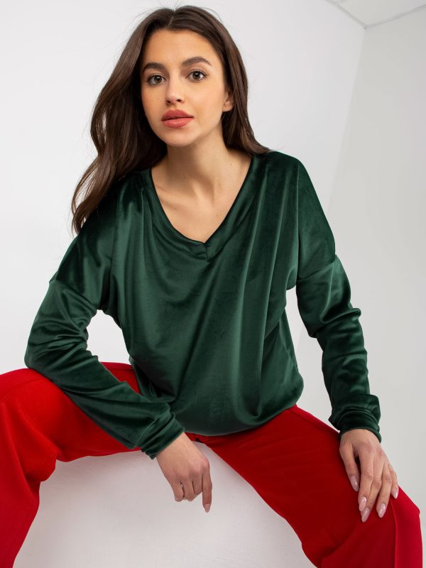 Wholesale Dark Green Velour Hoodless V-Neck Sweatshirt