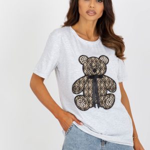 Wholesale Grey melange women's t-shirt with teddy bear and 3D applique