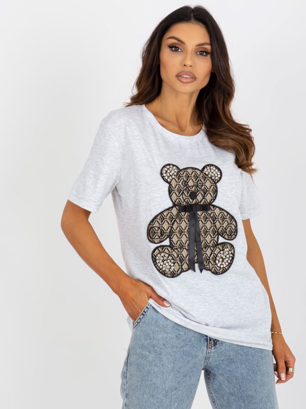 Wholesale Grey melange women's t-shirt with teddy bear and 3D applique