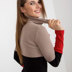 Wholesale Dark beige and black ribbed basic turtleneck blouse