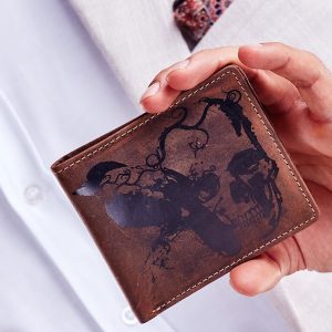 Wholesale Brown leather wallet with skull motif