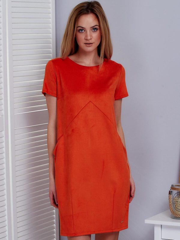 Wholesale Dark orange imitation suede dress with pockets