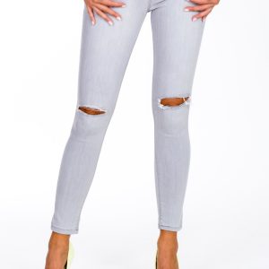 Wholesale Grey high waist jeans with holes on the knees