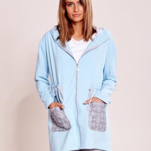 Wholesale Blue cardigans with hood and ribbing waist