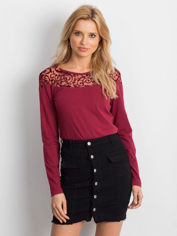 Wholesale Burgundy blouse with transparent neckline