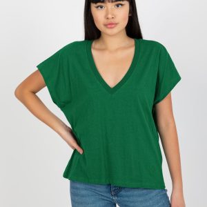 Wholesale Green Women's Solid Color T-Shirt with V Neck MAYFLIES