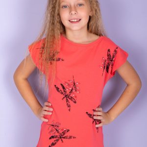 Wholesale Coral girl tunic with dragonflies print and diamonds