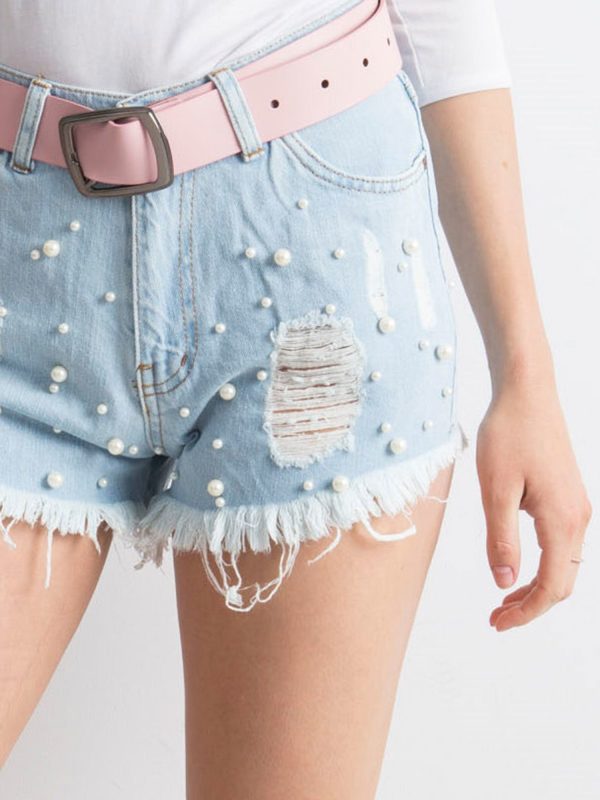 Wholesale Light Blue Frayed Denim Shorts with Beads