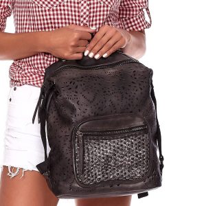 Wholesale Black eco leather women's backpack with openwork and braid