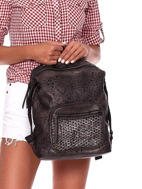 Wholesale Black eco leather women's backpack with openwork and braid