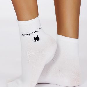 Wholesale FULLOFF White socks with cat patches and lettering