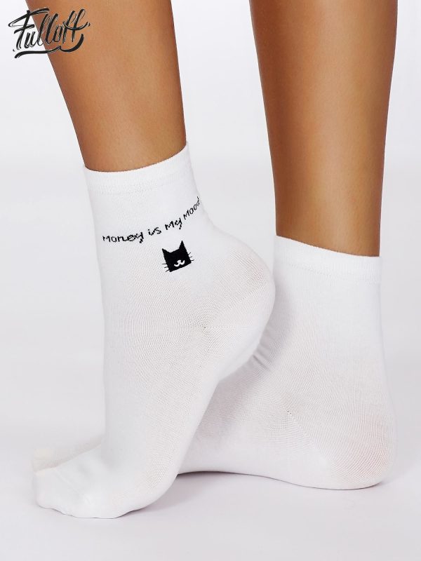 Wholesale FULLOFF White socks with cat patches and lettering