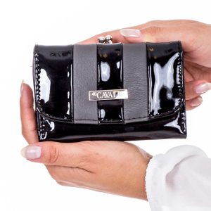 Wholesale Lacquered Black Women's Wallet with Grey Inserts