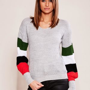 Wholesale Gray sweater with striped sleeves