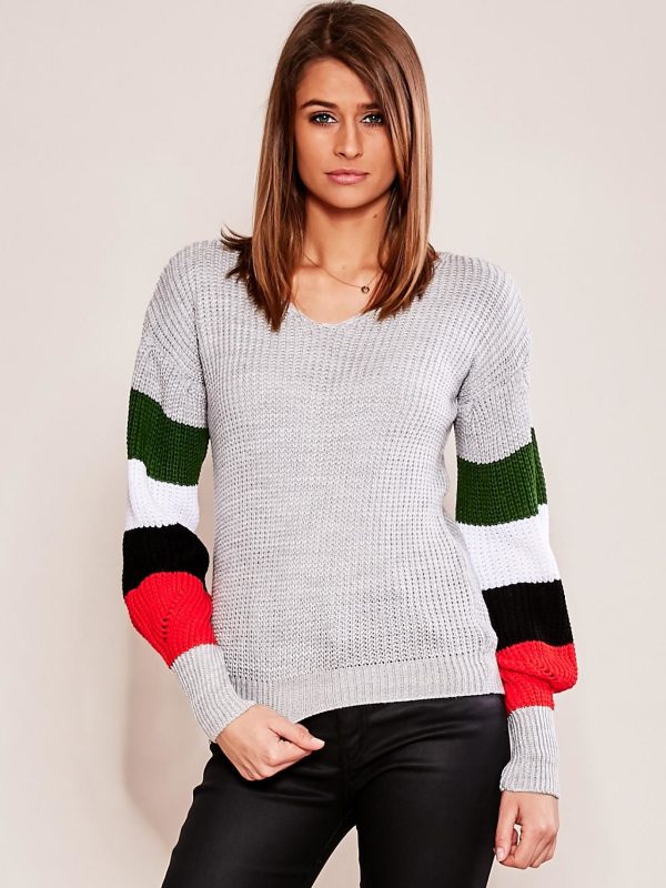 Wholesale Gray sweater with striped sleeves