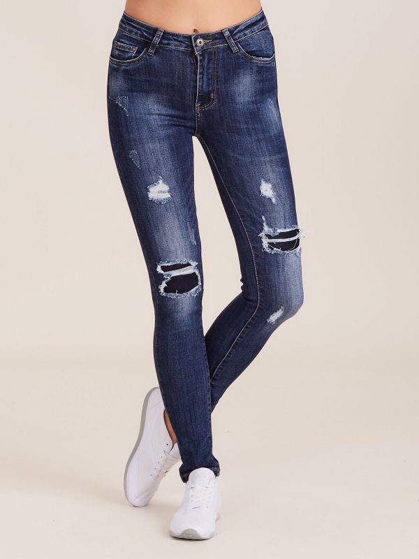 Wholesale Dark blue jeans with holes