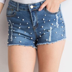 Wholesale Blue denim shorts with pearls and rips