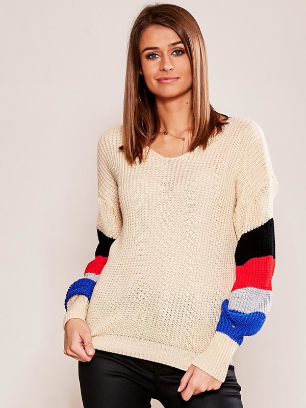 Wholesale Beige sweater with striped sleeves