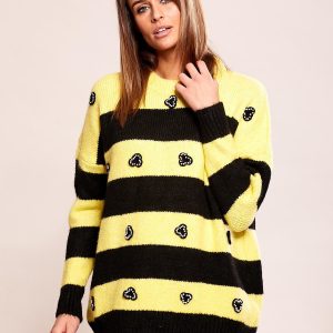 Wholesale Yellow striped oversize sweater with applique