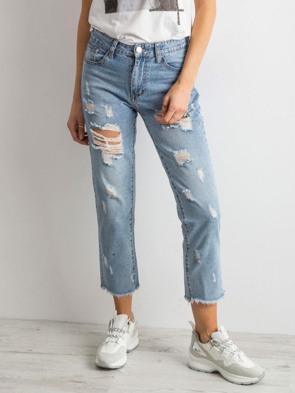 Wholesale Mom jeans pants with holes blue