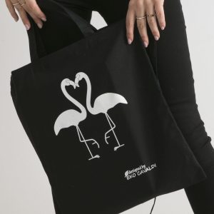 Wholesale Black eco bag with flamingos print