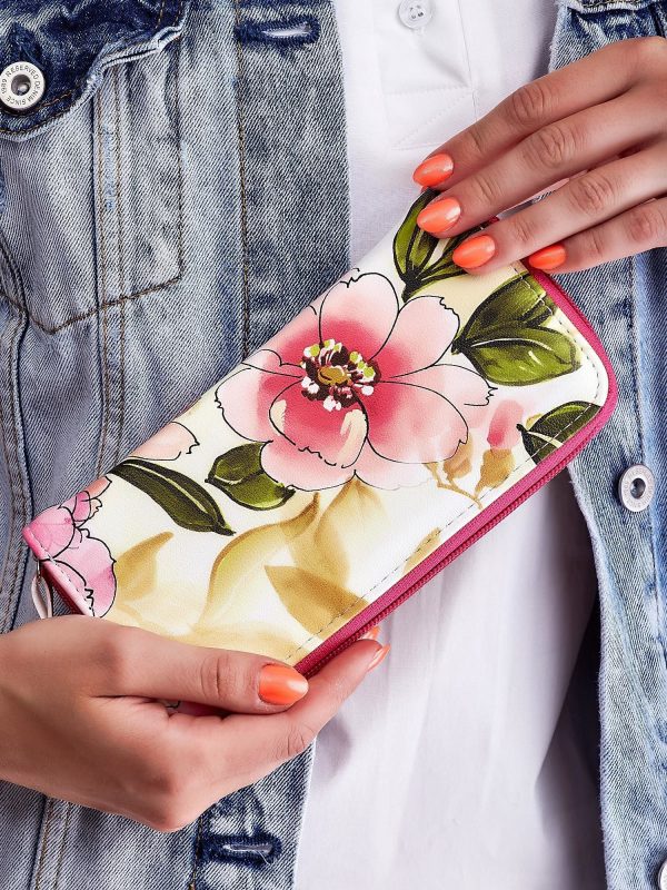 Wholesale Pink and Yellow Flower Print Zipper Wallet