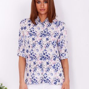 Wholesale Beige and blue floral shirt with roll-up sleeves