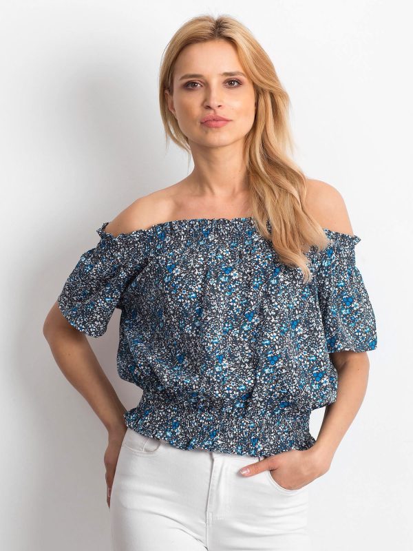 Wholesale Grey and blue spanish blouse in small floral pattern