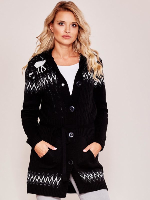 Wholesale Black Patterned Hooded Sweater