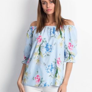 Wholesale Blouse light blue with Spanish floral neckline