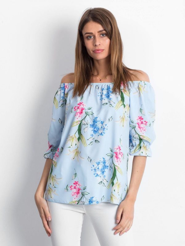 Wholesale Blouse light blue with Spanish floral neckline