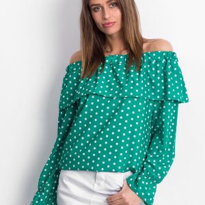 Wholesale Green Polka Dot Blouse with Spanish Neckline