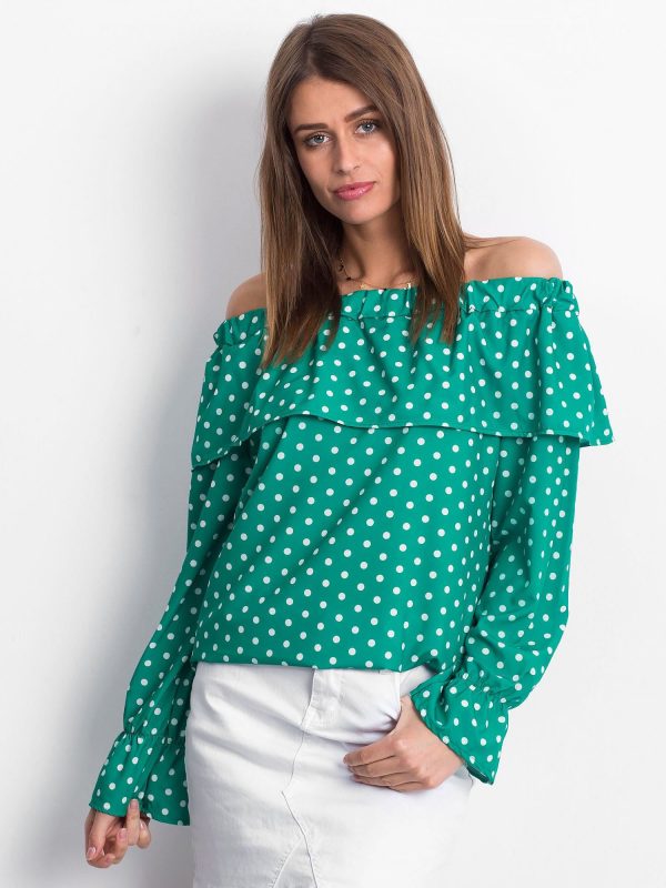 Wholesale Green Polka Dot Blouse with Spanish Neckline