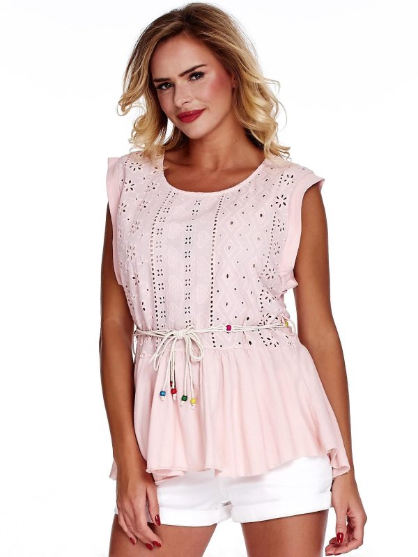 Wholesale Light pink boho blouse with decorative belt