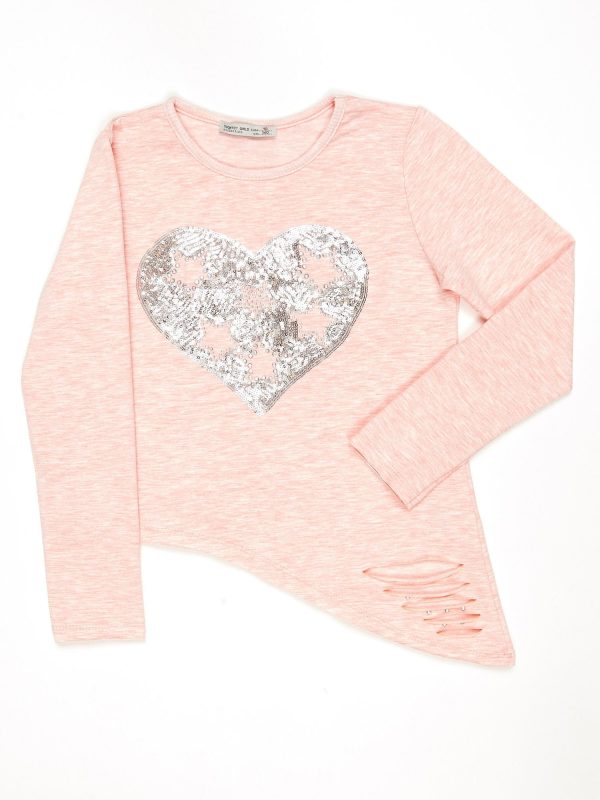 Wholesale Pink asymmetrical girl blouse with sequin heart