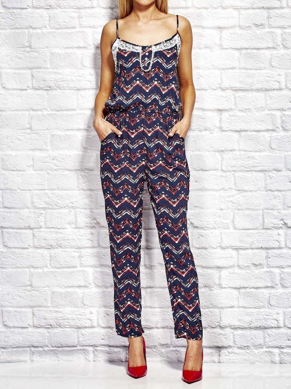 Wholesale Long jumpsuit with graphic patterns navy blue