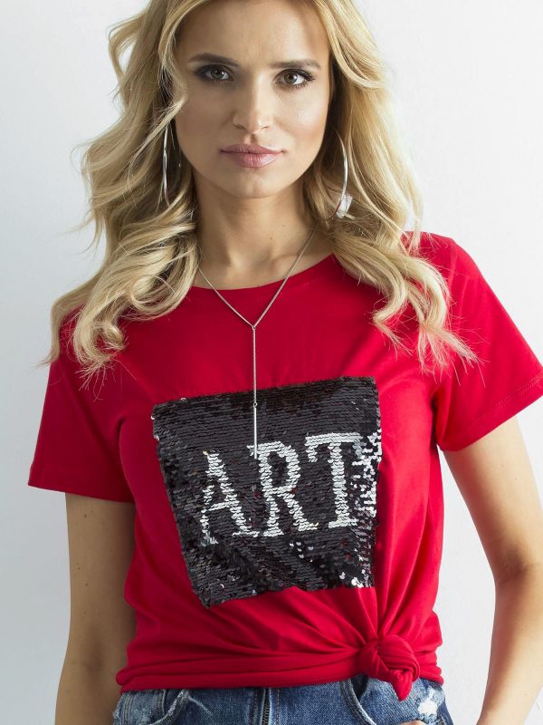 Wholesale Red t-shirt with double-sided sequins