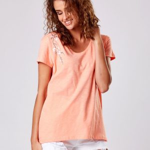 Wholesale Orange T-shirt with floral embroidery