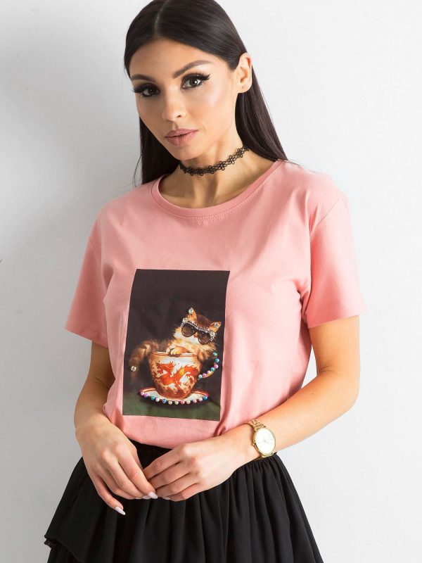 Wholesale Dirty pink women's t-shirt with print and applique